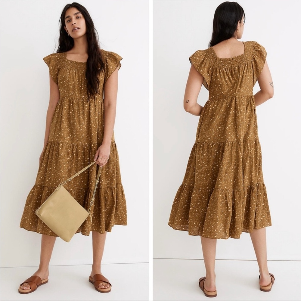 Madewell ruffle sleeve midi dress. Olive green. Size L